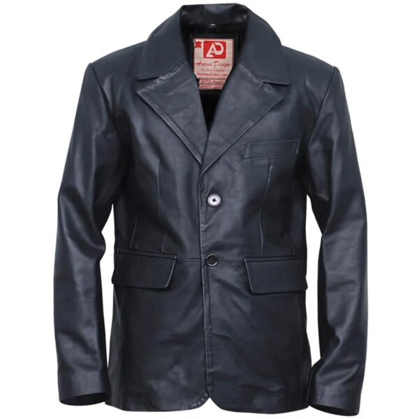 Blazer de hombre de cuero genuino negro con dos botones.
