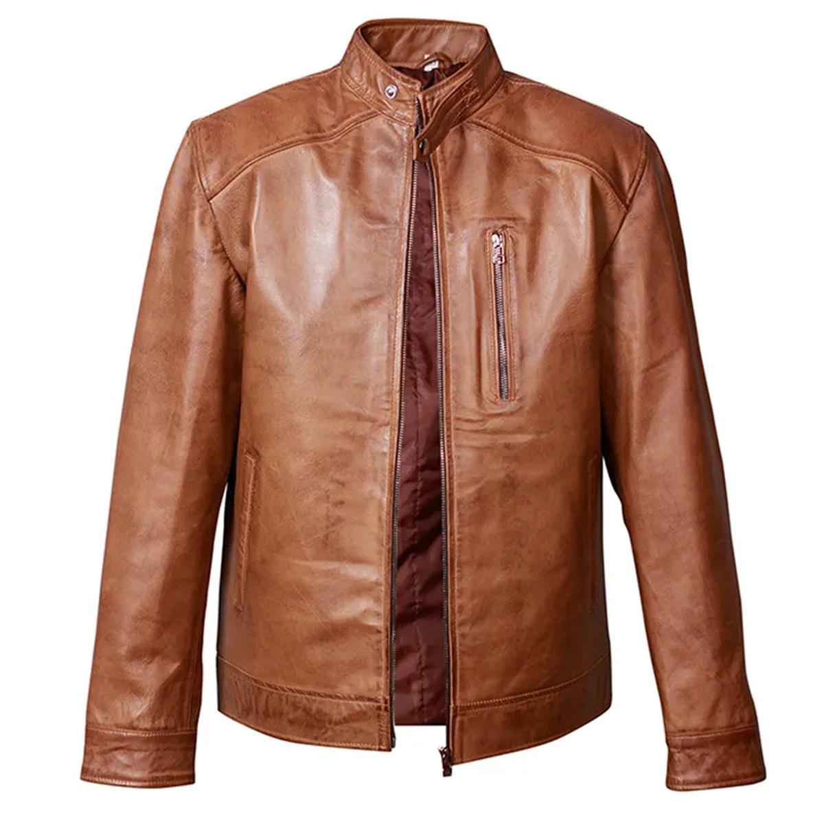 Chaqueta de motorista de cuero iónico marrón auténtico para hombre - Imagen 9