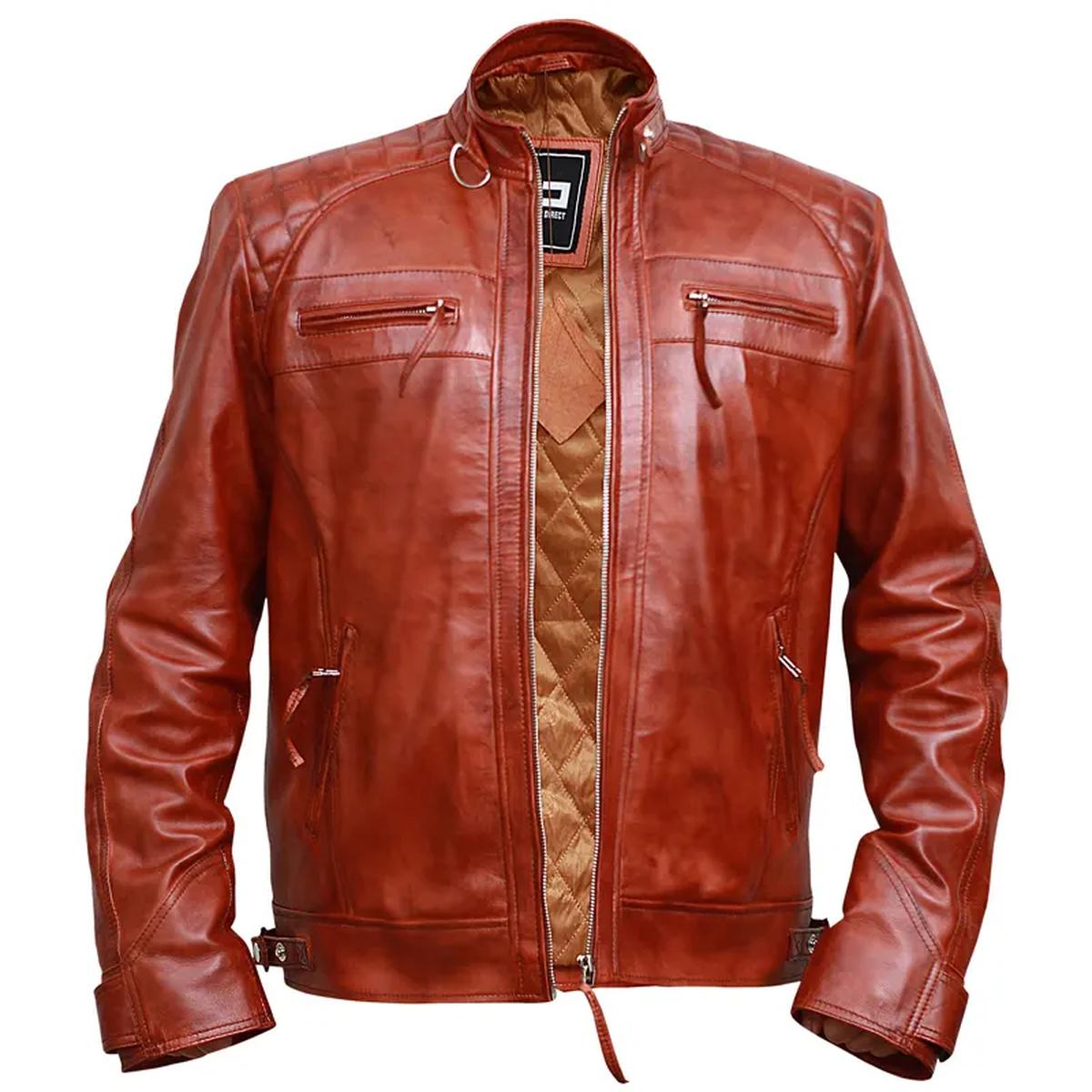 Chaqueta de motorista clásica vintage de cuero genuino marrón con estampado de rombos. - Imagen 8