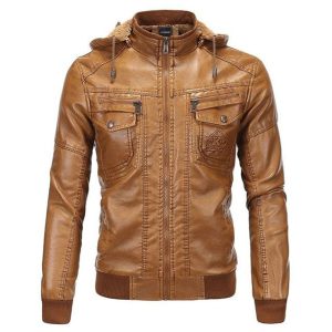 Chaqueta de moto vintage de cuero auténtico para hombre con capucha.