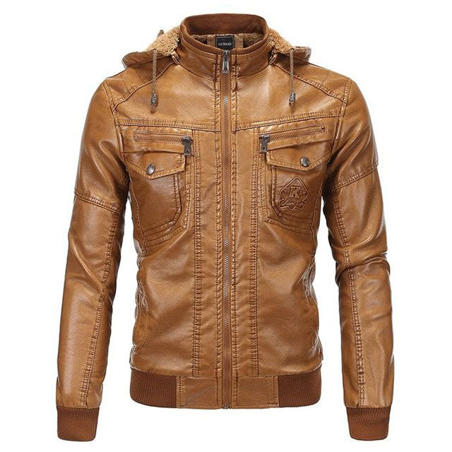 Chaqueta de moto vintage de cuero auténtico para hombre con capucha.