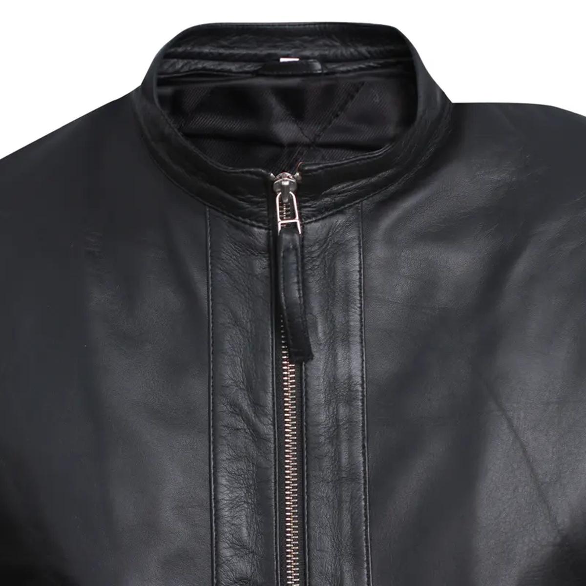 Chaqueta de motorista negra de cuero auténtico para hombre, corte ajustado. - Imagen 4