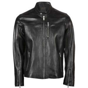 Chaqueta de moto de cuero auténtico para hombre con cuello mandarín.