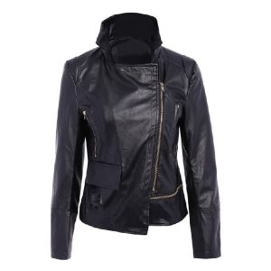Chaqueta de mujer asimétrica y ajustada de piel auténtica negra, modelo Midnight.