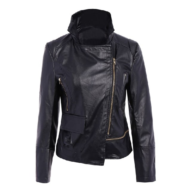 Chaqueta de mujer asimétrica y ajustada de piel auténtica negra, modelo Midnight.