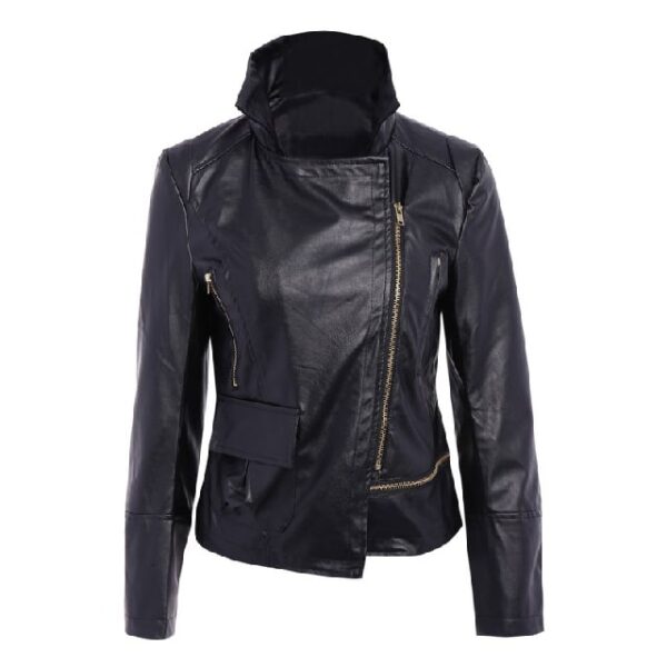 Chaqueta de mujer asimétrica y ajustada de piel auténtica negra, modelo Midnight. - Imagen 3