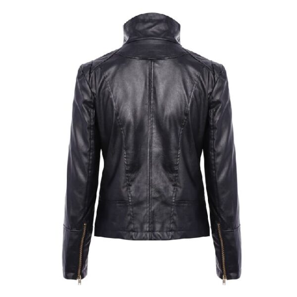 Chaqueta de mujer asimétrica y ajustada de piel auténtica negra, modelo Midnight. - Imagen 4