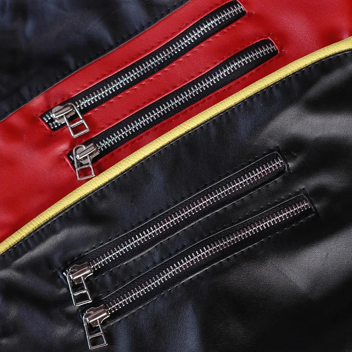 Chaqueta de moto para hombre de piel de oveja negra y roja - Imagen 3