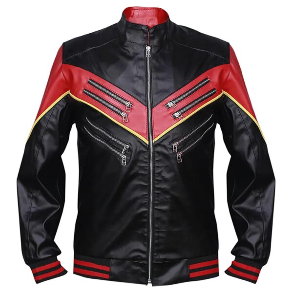 Chaqueta de moto para hombre de piel de oveja negra y roja - Imagen 2
