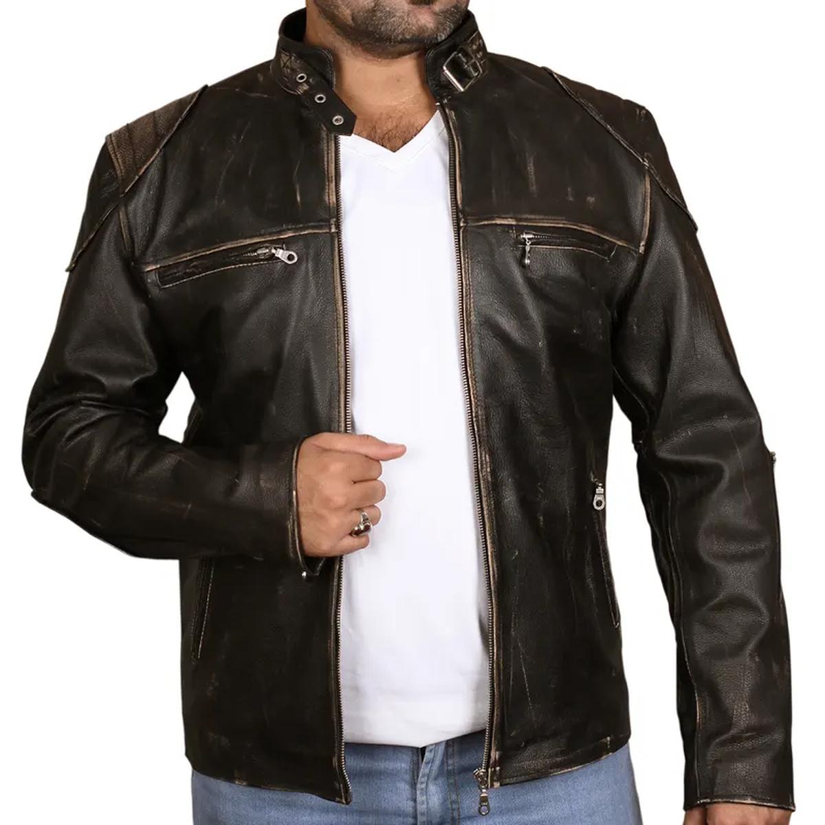 Chaqueta de hombre estilo café racer acolchada de cuero auténtico. - Imagen 6