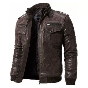 Chaqueta de moto estilo Cafe Racer para hombre, de cuero genuino marrón.