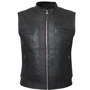 Chaleco de motociclista de cuero negro auténtico de alta calidad para hombre