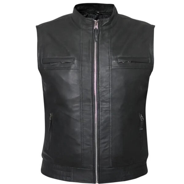 Chaleco de motociclista de cuero negro auténtico de alta calidad para hombre