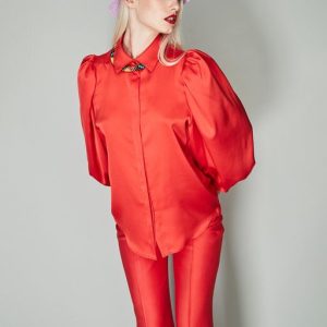 Blusa satinada manga larga globo