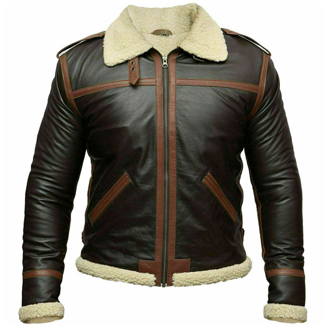 Chaqueta de aviador de piel de oveja marrón al estilo de un bombardero B-3 de la RAF.