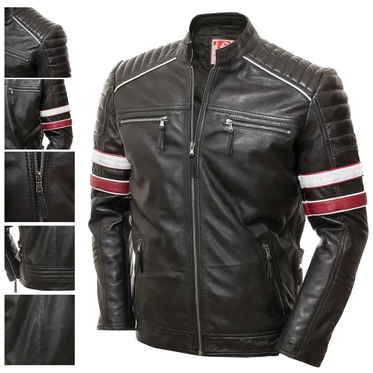 Chaqueta informal para hombre de piel auténtica con rayas estilo motero. - Imagen 8