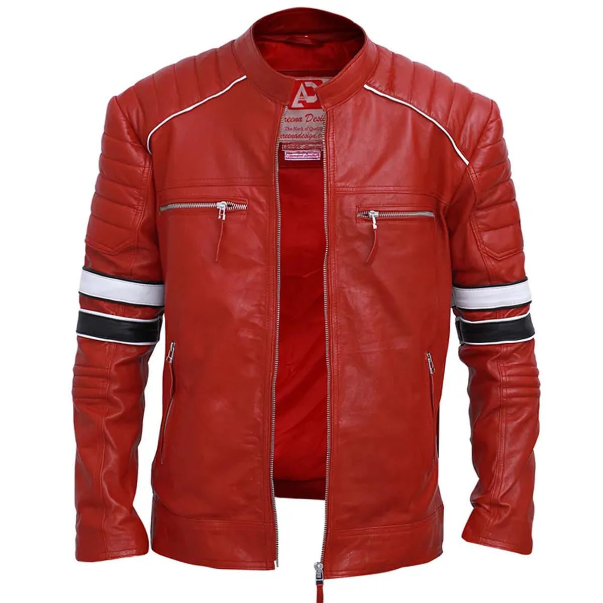 Chaqueta de cuero auténtico para hombre con rayas rojas, estilo café racer. - Imagen 8