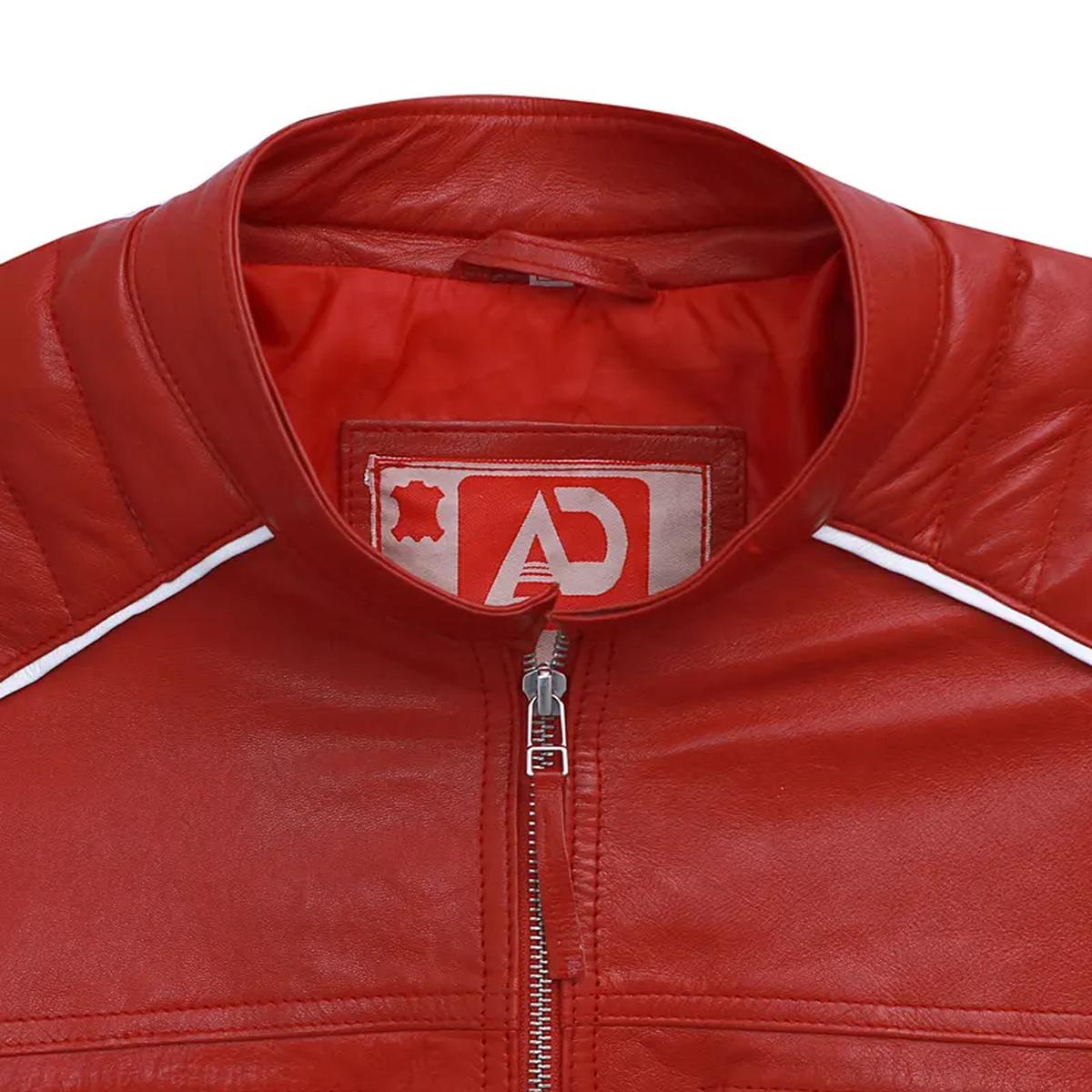 Chaqueta de cuero auténtico para hombre con rayas rojas, estilo café racer. - Imagen 9