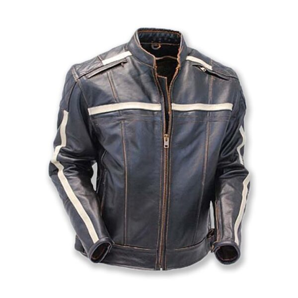 Chaqueta de motorista vintage de cuero auténtico gris, estilo café racer retro. - Imagen 3