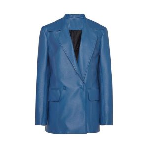 Blazer cruzado de piel auténtica azul oscuro con botones en la parte delantera.