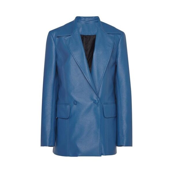 Blazer cruzado de piel auténtica azul oscuro con botones en la parte delantera. - Imagen 5