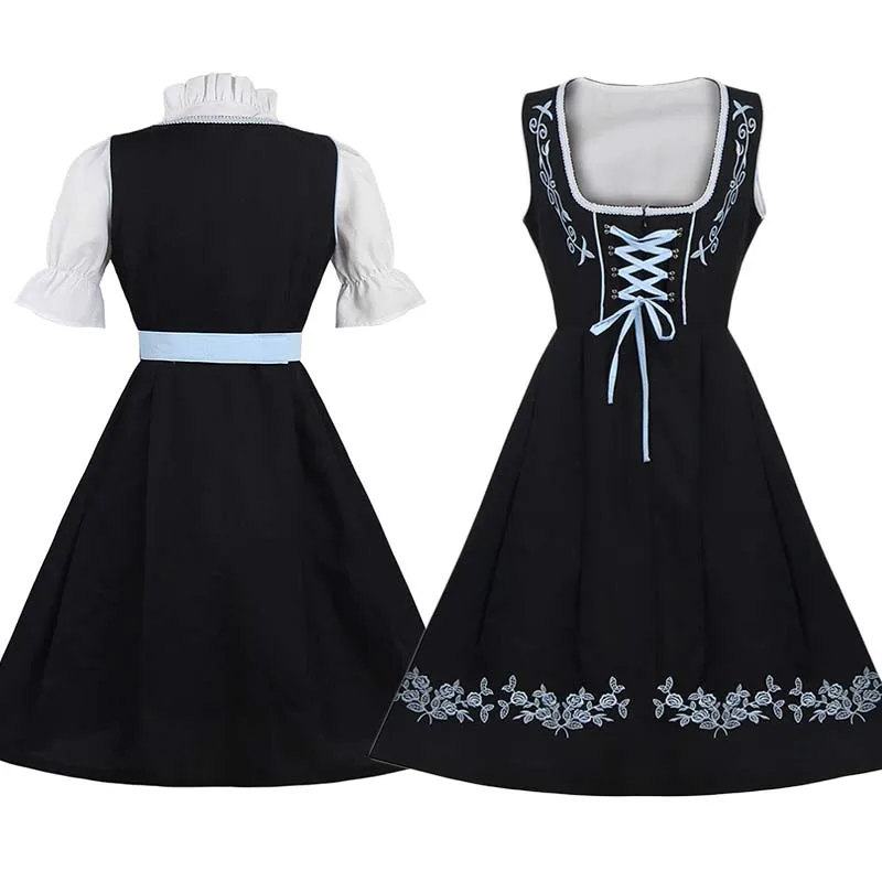 Robe Dirndl noire et bleu clair avec chemisier blanc et tablier brodé - Imagen 4