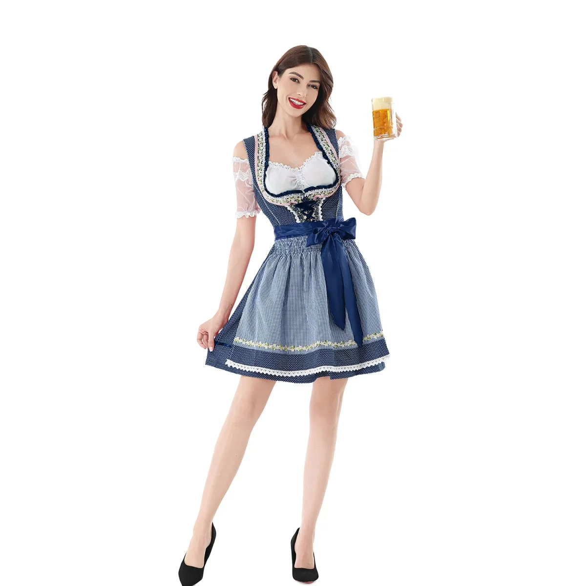Robe Dirndl Courte Motif Carreaux et Dentelle avec Blouse et Tablier Femme - Imagen 3