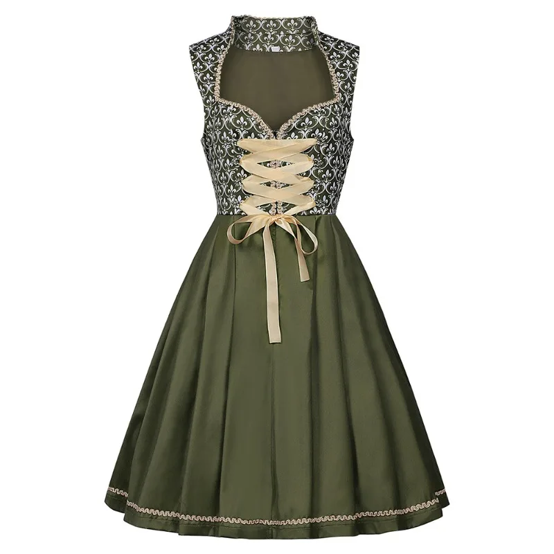 Robe Dirndl Traditionnelle Femme Vert Olive avec Nœud Doré et Broderies Florales - Imagen 5
