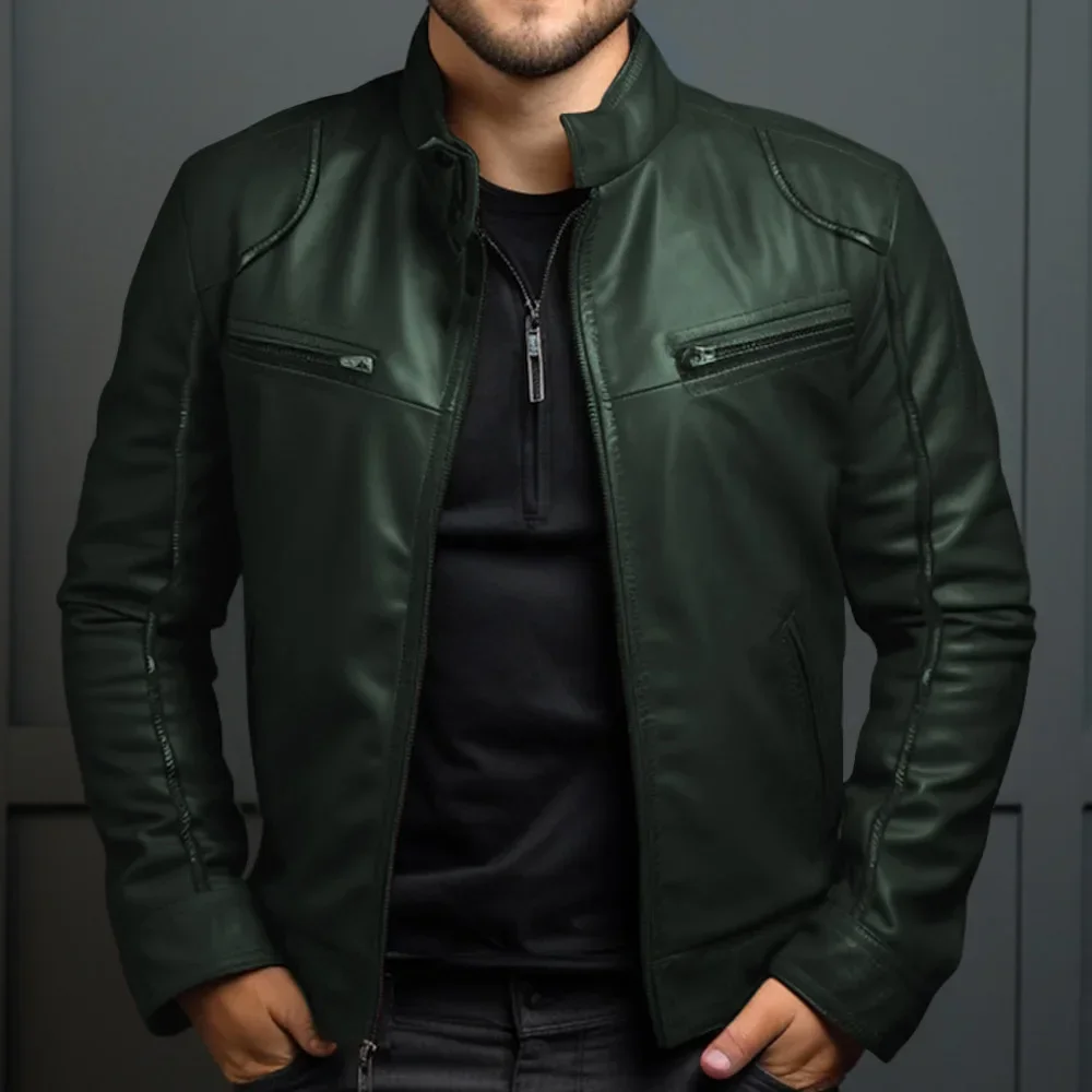 Elegante chaqueta motera de piel para hombre - Imagen 5