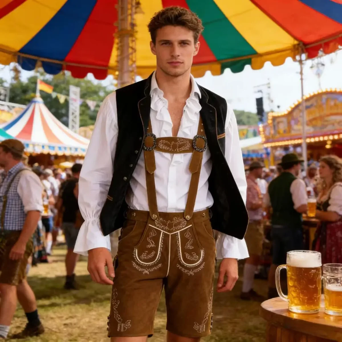 Gilet en velours brodé et chemise à jabot pour homme style traditionnel allemand - Imagen 3