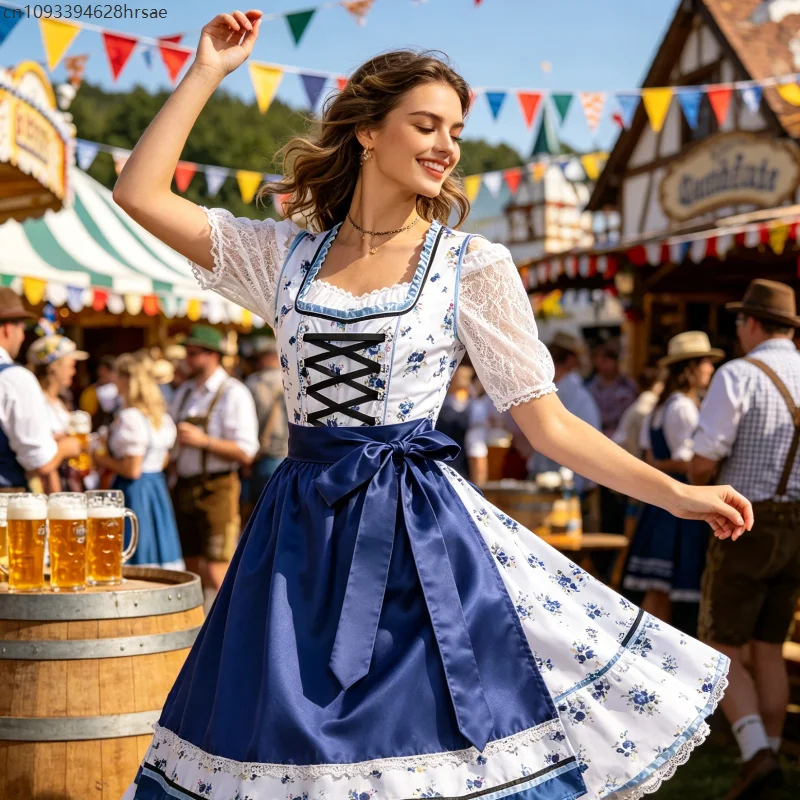 Robe Dirndl Traditionnelle Femme Bleu Blanc Fleurie avec Tablier et Chemisier - Imagen 2