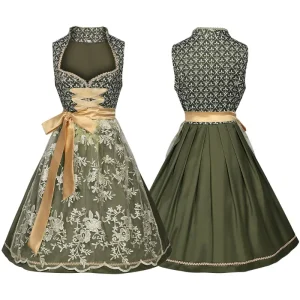 Robe Dirndl Traditionnelle Femme Vert Olive avec Nœud Doré et Broderies Florales