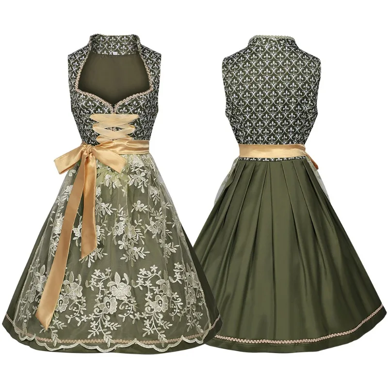 Robe Dirndl Traditionnelle Femme Vert Olive avec Nœud Doré et Broderies Florales