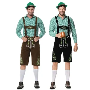 Ensemble Lederhosen Homme Vert Carreaux & Marron Brodé ou Noir Brodé