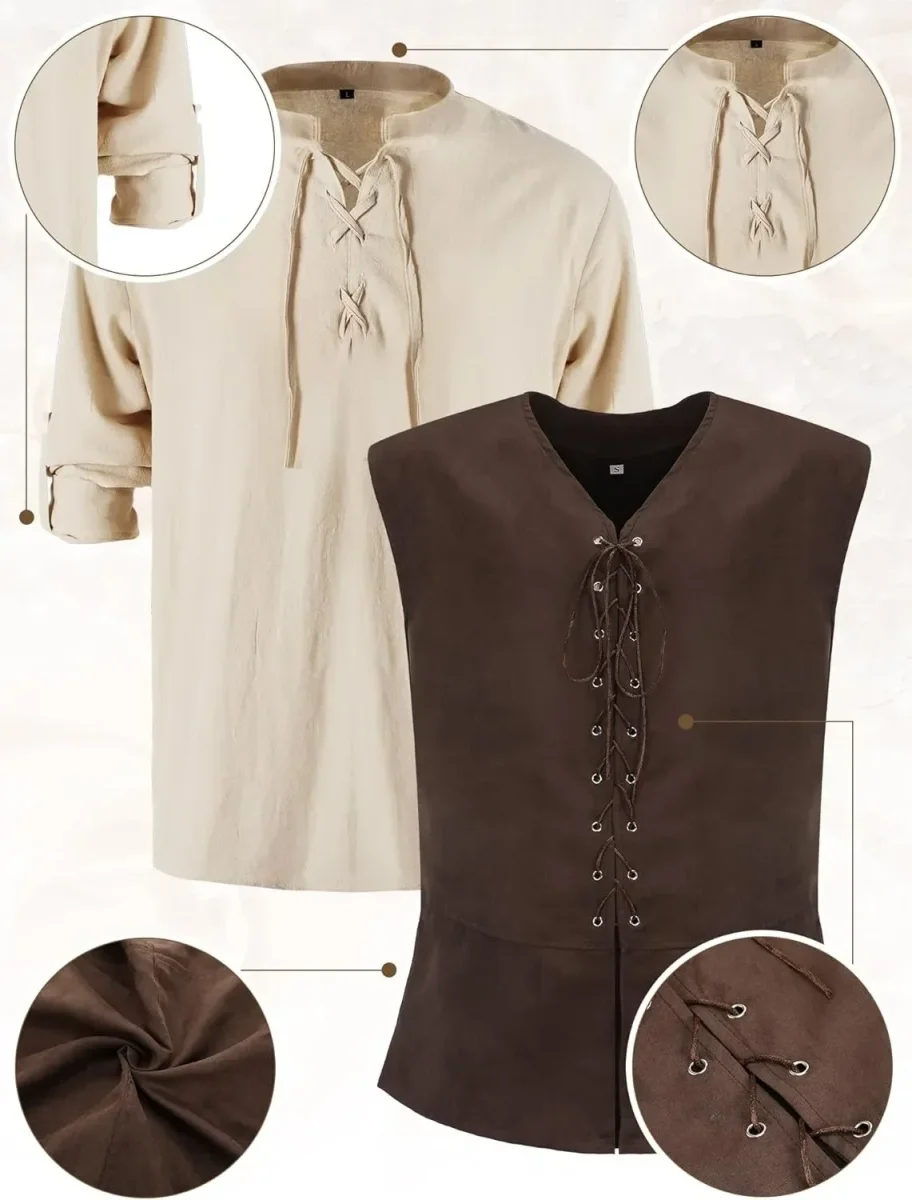 Costume Médiéval Homme Complet Veste Lacée Chemise Pantalon Ceinture Bracelet Manchette - Imagen 3