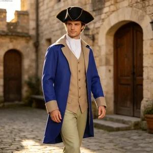 Costume historique homme bleu et beige avec tricorne et gilet