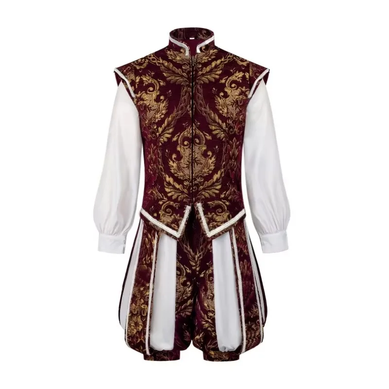 Costume historique homme bordeaux et or motif brocart avec veste sans manches, culotte et béret - Imagen 7