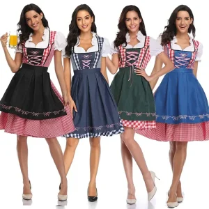 Robe Dirndl Traditionnelle Motif Carreaux avec Corset et Tablier Femme