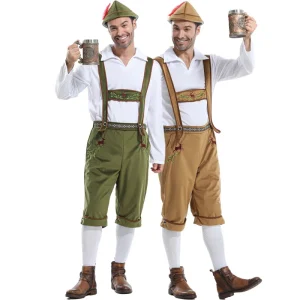 Déguisement d'homme bavarois Lederhosen avec bretelles et chapeau, couleur unie