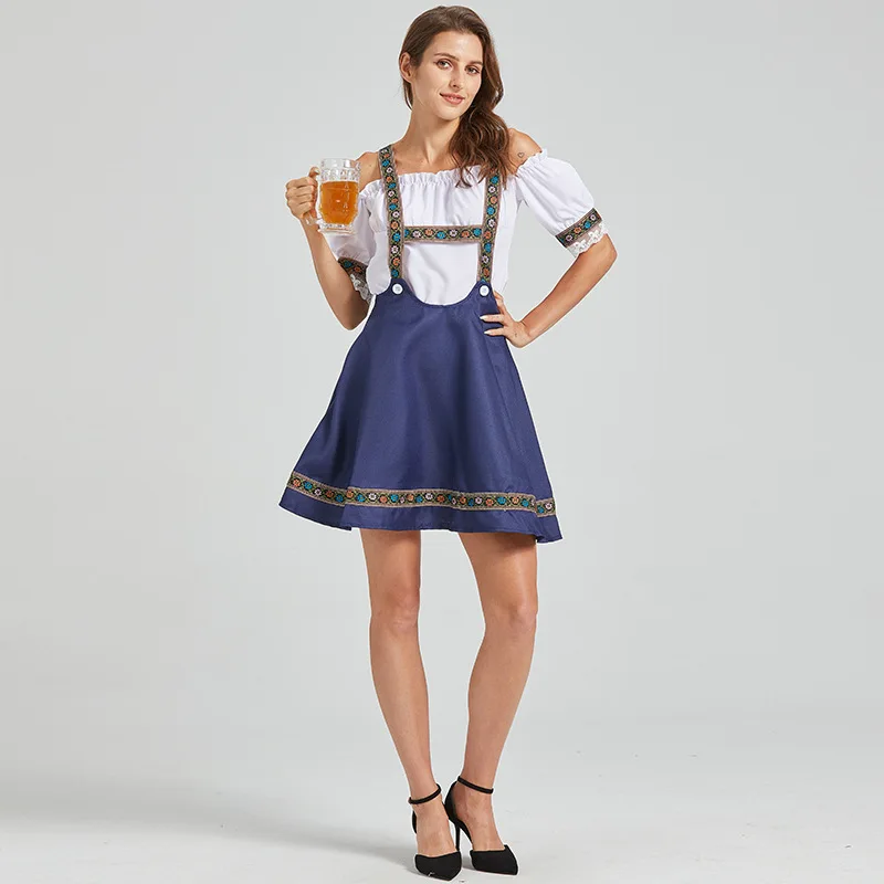 Robe Dirndl Bavarois Femme Épaule Dénudée Jupe Bretelles Brodé Blanc Bleu Marine - Imagen 3