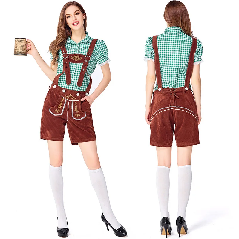 Ensemble Lederhosen Femme Carreaux Chemise et Short à Bretelles Style Bavarois - Imagen 6