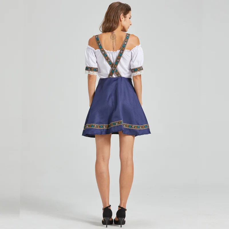 Robe Dirndl Bavarois Femme Épaule Dénudée Jupe Bretelles Brodé Blanc Bleu Marine - Imagen 4