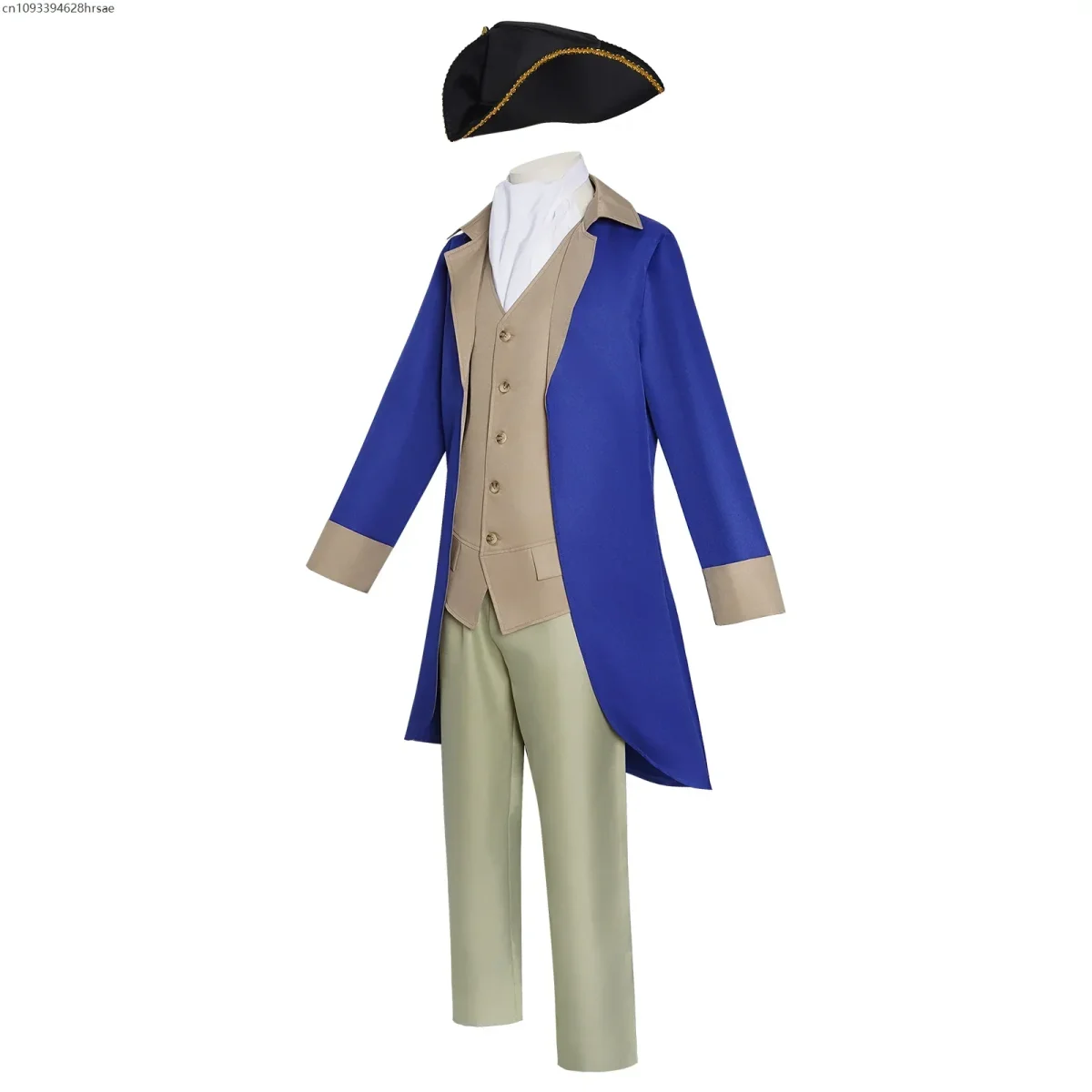 Costume historique homme bleu et beige avec tricorne et gilet - Imagen 4