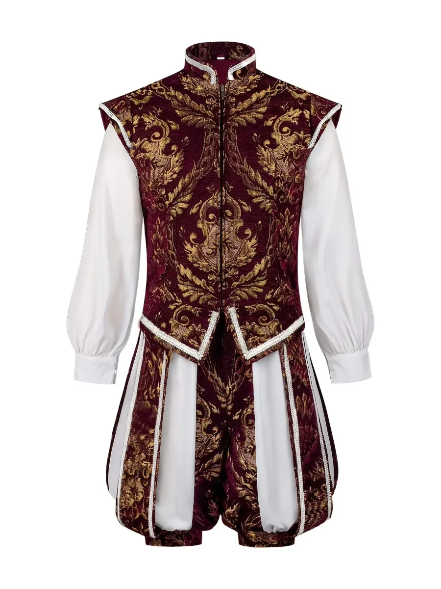 Costume historique homme bordeaux et or motif brocart avec veste sans manches, culotte et béret - Imagen 4