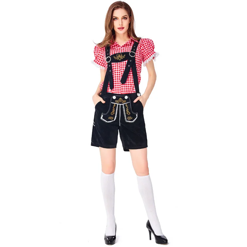 Ensemble Lederhosen Femme Carreaux Chemise et Short à Bretelles Style Bavarois - Imagen 4