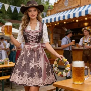 Robe Dirndl Traditionnelle Femme Rose et Grise avec Dentelle Manches Courtes