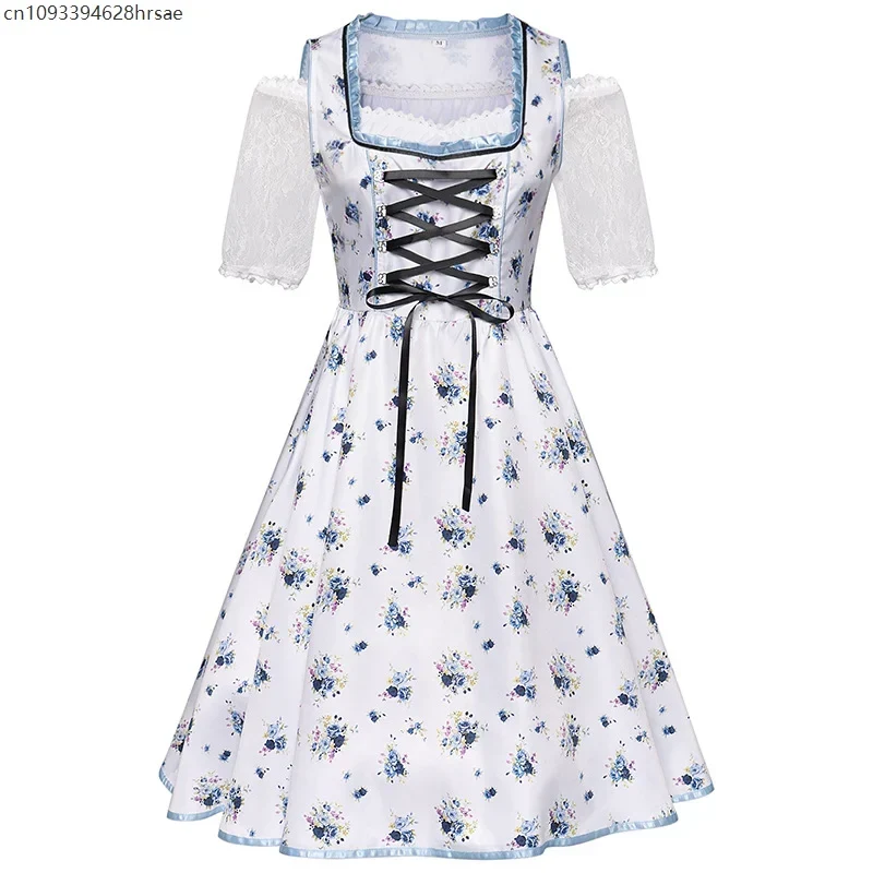 Robe Dirndl Traditionnelle Femme Bleu Blanc Fleurie avec Tablier et Chemisier - Imagen 5