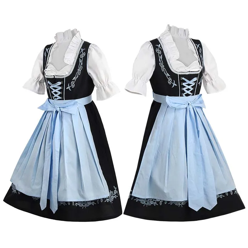 Robe Dirndl noire et bleu clair avec chemisier blanc et tablier brodé - Imagen 3