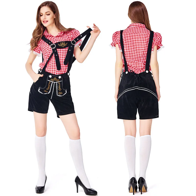 Ensemble Lederhosen Femme Carreaux Chemise et Short à Bretelles Style Bavarois - Imagen 3