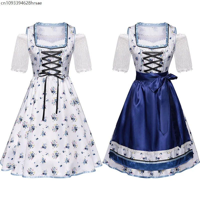 Robe Dirndl Traditionnelle Femme Bleu Blanc Fleurie avec Tablier et Chemisier - Imagen 4